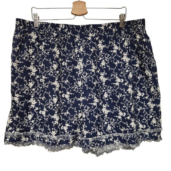 Cotton Bleu 3X Shorts Navy Blue & White Floral Print Elastic Waist Pockets NWT - Picture 2 of 6